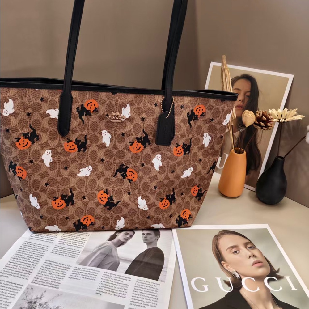 Coach Halloween Print Brown Tote Bag with Black Trim